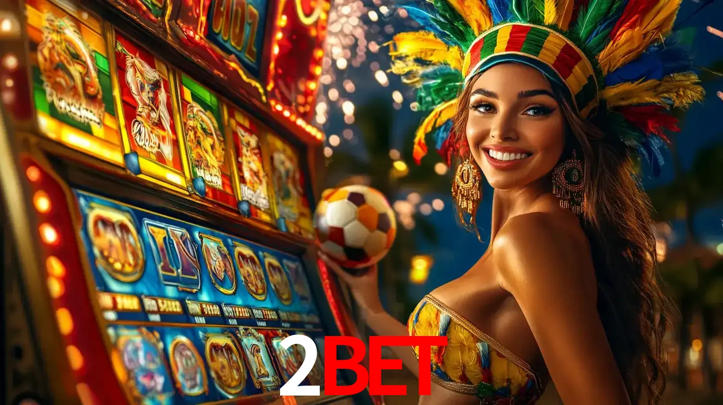 Mulher com um cocar de carnaval ao lado de uma máquina de caça-níqueis enquanto segura uma bola de futebol, mostrando a união da diversão de cassino e esportes no 2bet.