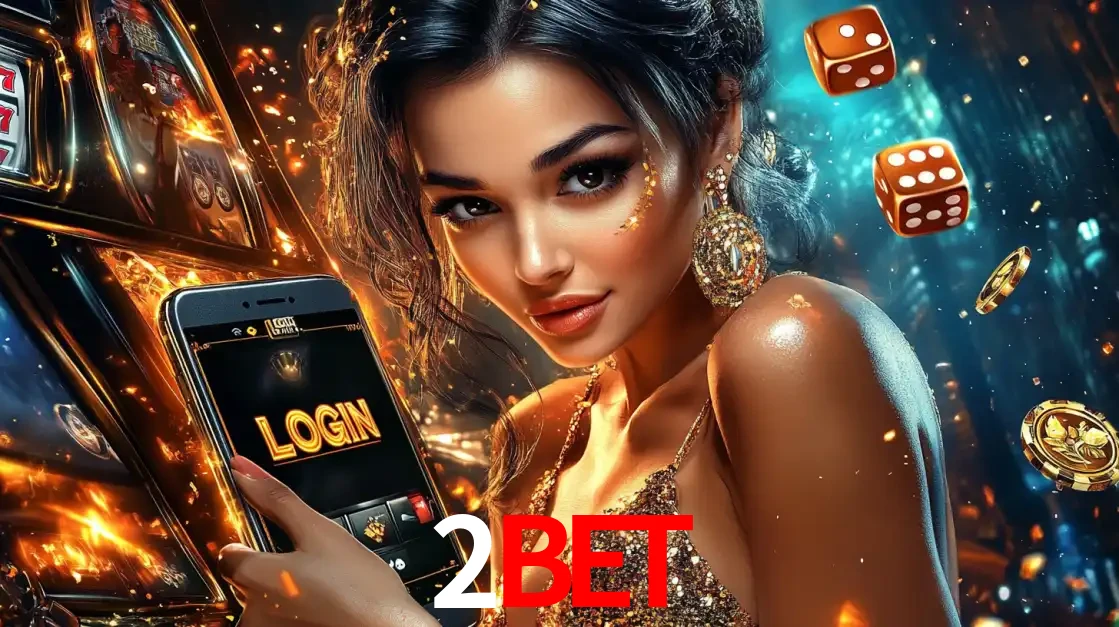 Mulher glamourosa segurando um celular com a tela de login do cassino 2bet, rodeada por dados e moedas douradas, pronta para começar a diversão.