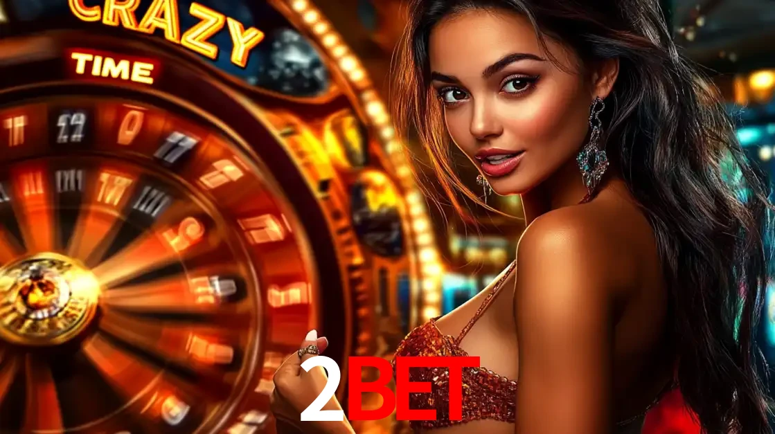 Mulher ao lado da roda de prêmios do jogo de cassino ao vivo Crazy Time, um dos shows de jogos mais emocionantes oferecidos pela plataforma de apostas 2bet.
