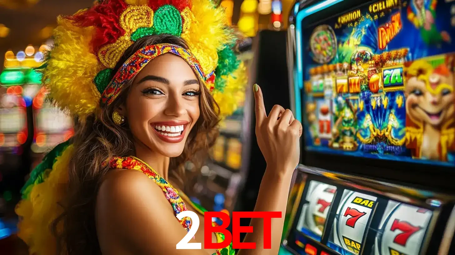 Mulher animada com um cocar de carnaval apontando para uma máquina de caça-níqueis, mostrando a emoção de ganhar um grande prêmio nos jogos do 2bet.