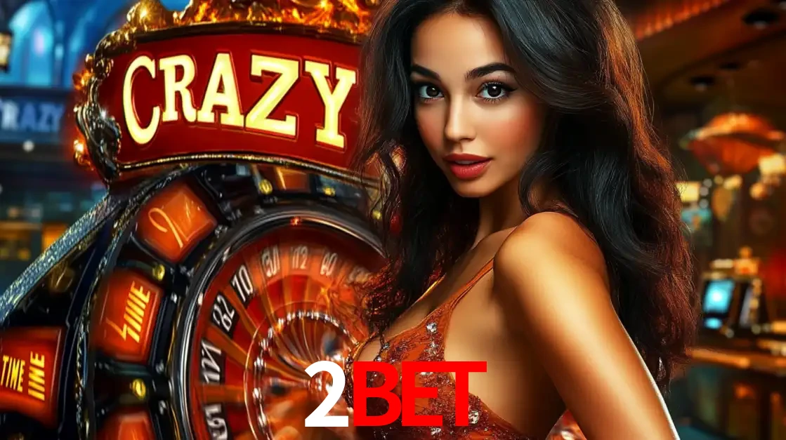 Mulher glamourosa olhando para a câmera com a roda vermelha do Crazy Time ao fundo em um ambiente de cassino, destacando a emoção dos jogos ao vivo no 2bet.
