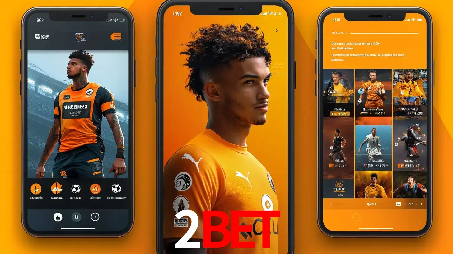 Interface do aplicativo de apostas esportivas 2bet em três telas de celular, mostrando o perfil de um jogador de futebol e a lista de jogos disponíveis para apostar.