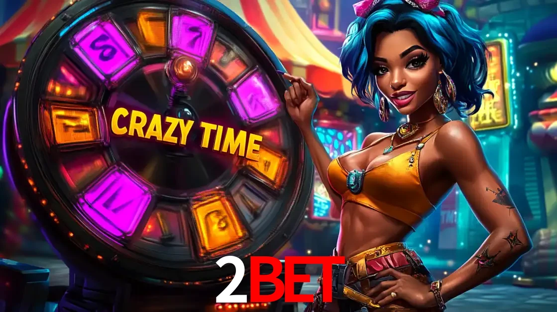 Mulher estilizada com cabelo azul e visual vibrante posando ao lado da roda de prêmios do game show Crazy Time, convidando para a diversão e os bônus do cassino 2bet.