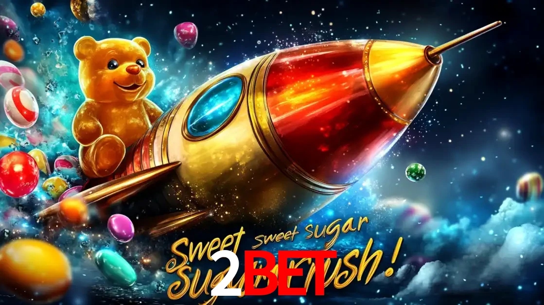 Arte promocional do jogo de slot Sugar Rush, com um urso de pelúcia em um foguete viajando pelo espaço de doces, um dos jogos divertidos disponíveis no cassino 2bet.