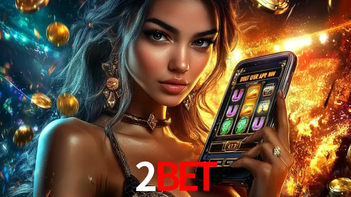 Mulher elegante mostrando um jogo de caça-níqueis em seu smartphone, destacando a experiência de cassino móvel oferecida pelo aplicativo 2bet.