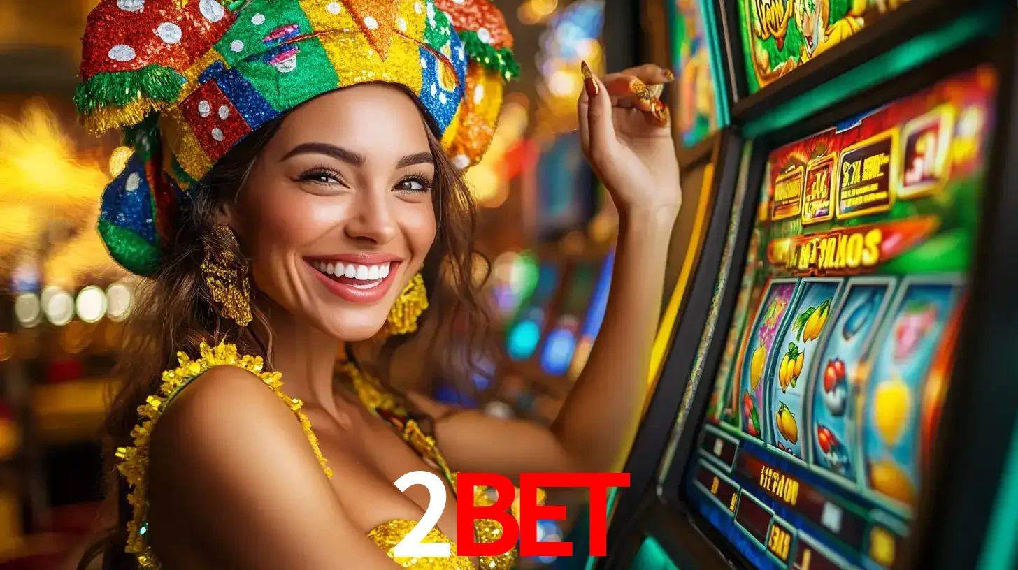 Mulher feliz com traje de carnaval amarelo e colorido ao lado de uma máquina de caça-níqueis, aproveitando a diversão e os jogos temáticos do cassino 2bet.