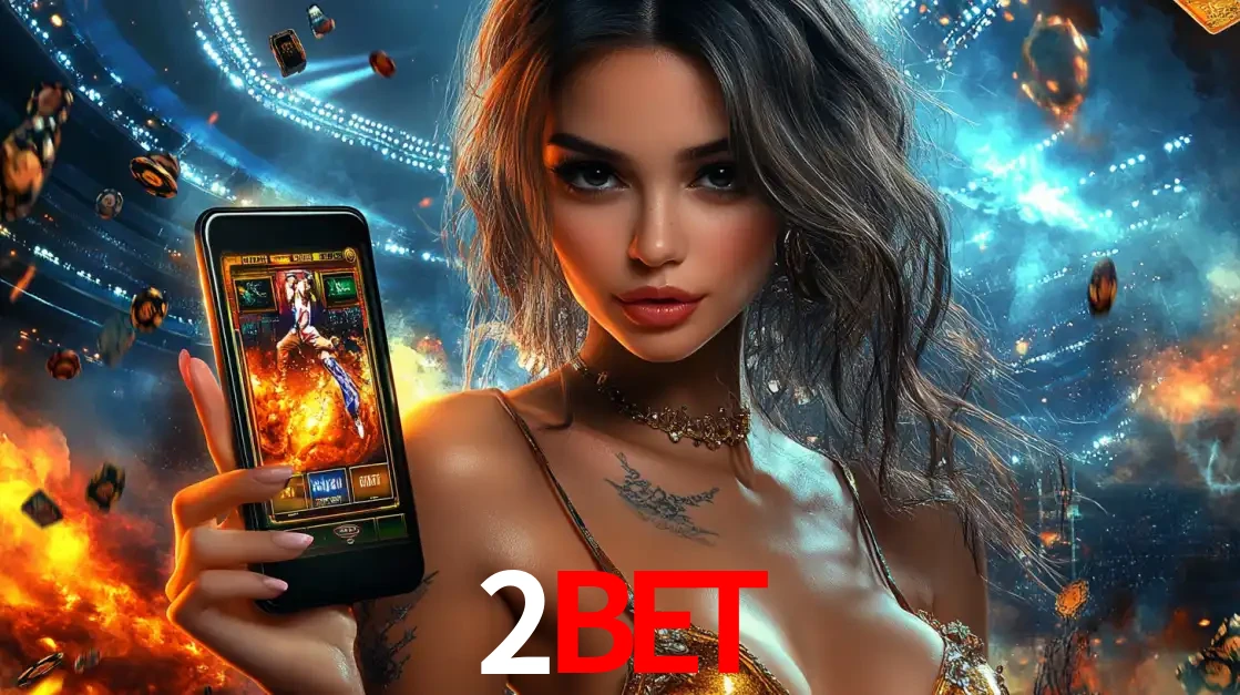 Mulher segurando um celular com um jogo de slot em destaque, tendo como fundo um estádio vibrante, simbolizando a emoção de jogar no cassino móvel 2bet.